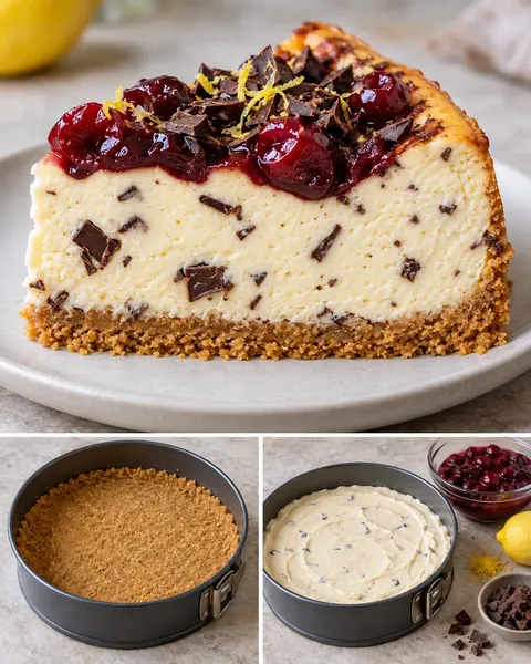 Gebakken cheesecake — zure kersen, citroen, pure chocolade