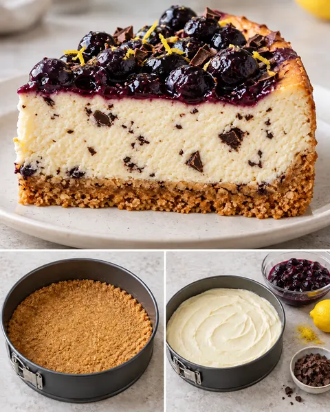 Gebakken cheesecake — blauwe bessen, citroen, pure chocolade