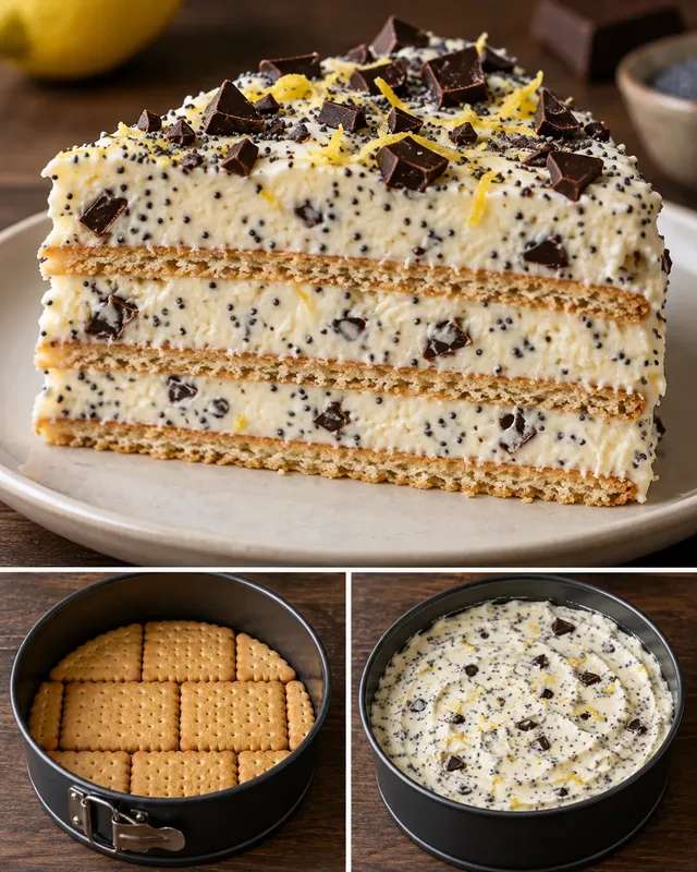 Koekjestaart zonder oven — citroen, maanzaad, pure chocolade
