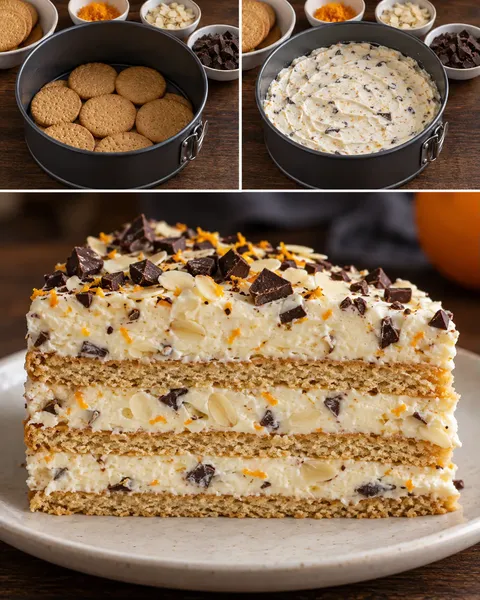 Koekjestaart zonder oven — sinaasappel, amandelen, pure chocolade