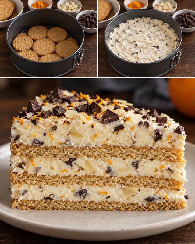 Koekjestaart zonder oven — sinaasappel, amandelen, pure chocolade
