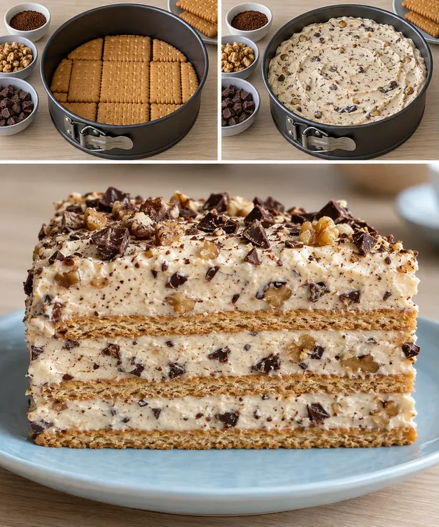 Koekjestaart zonder oven — koffie, walnoten, pure chocolade