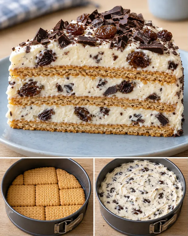 Koekjestaart zonder oven — rozijnen, vanille, pure chocolade