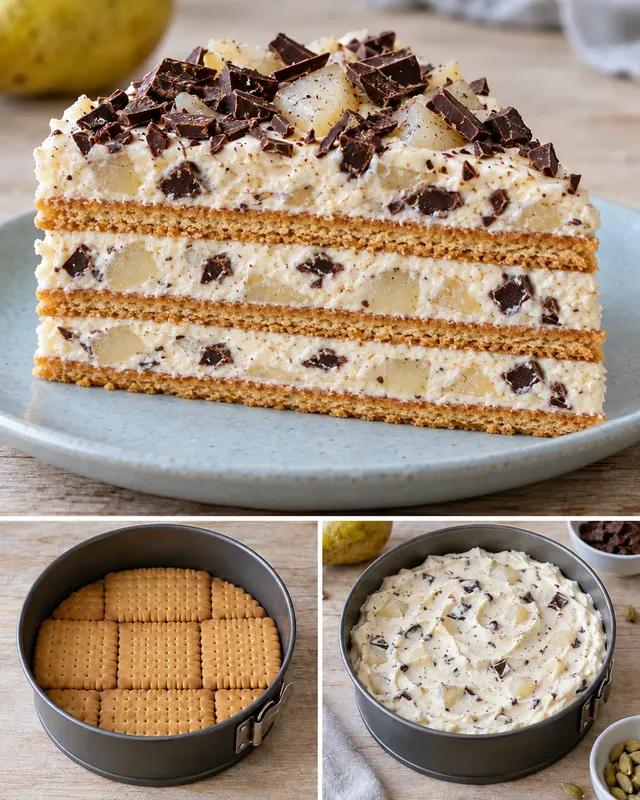 Koekjestaart zonder oven — peer, kardemom, pure chocolade