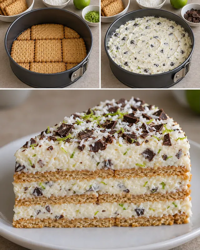 Koekjestaart zonder oven — kokos, limoen, pure chocolade