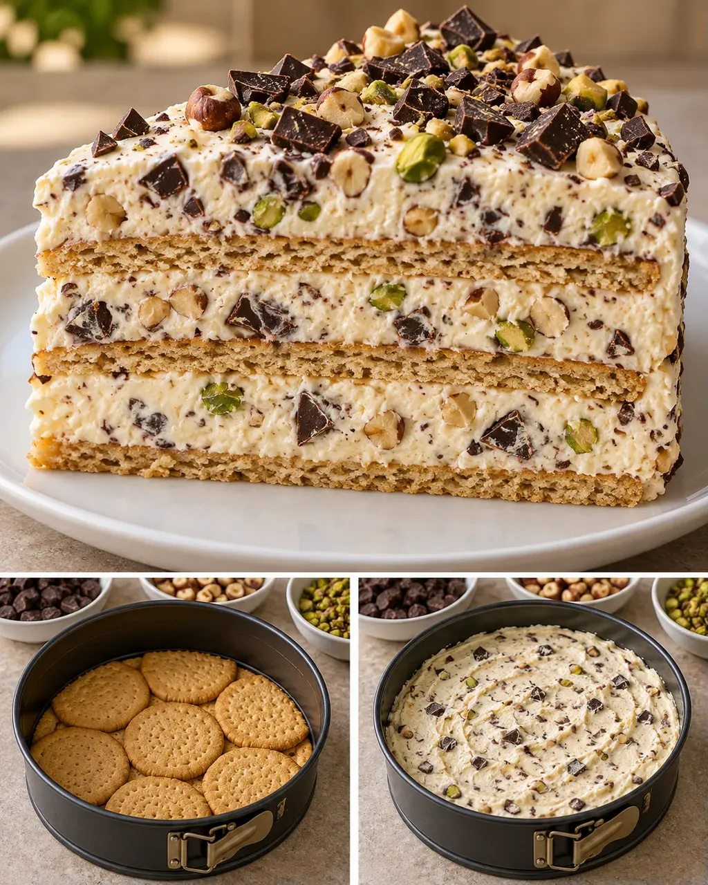 Koekjestaart zonder oven — pure chocolade, hazelnoten, pistachenoten