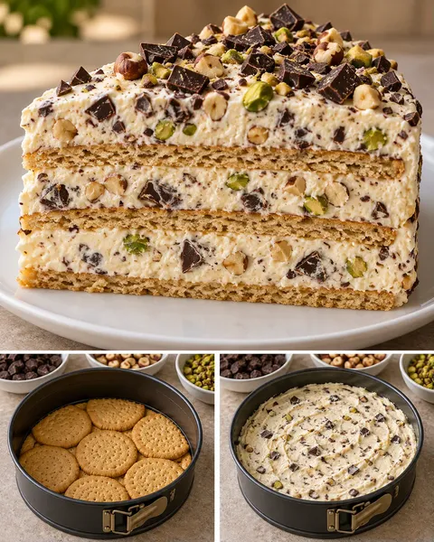 Koekjestaart zonder oven — pure chocolade, hazelnoten, pistachenoten