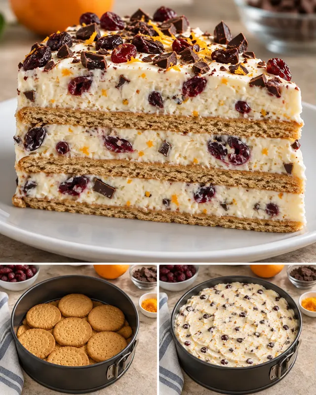 Koekjestaart zonder oven — cranberry’s, sinaasappel, pure chocolade
