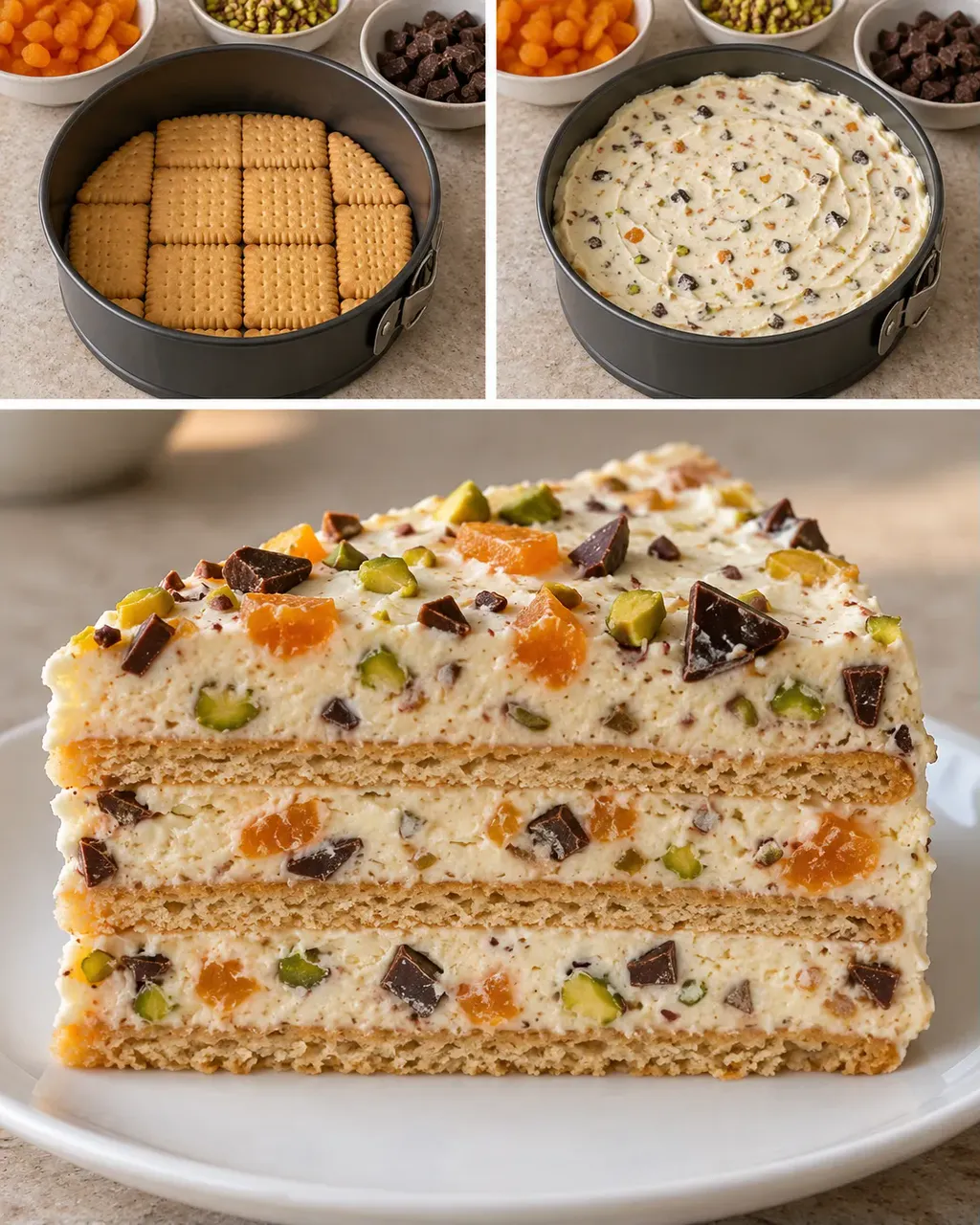Koekjestaart zonder oven — gedroogde abrikozen, pistachenoten, pure chocolade