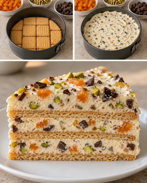 Koekjestaart zonder oven — gedroogde abrikozen, pistachenoten, pure chocolade