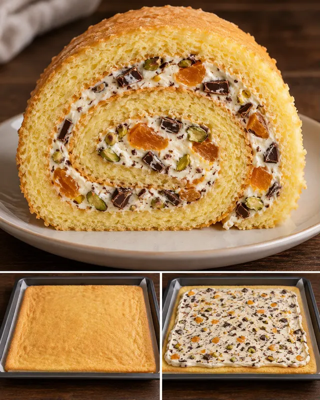 Biscuitrol — gedroogde abrikozen, pistachenoten, pure chocolade