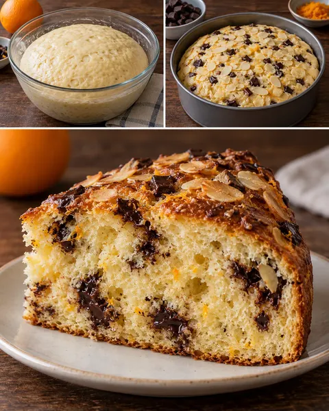 Zoete gistcake — sinaasappel, amandelen, pure chocolade