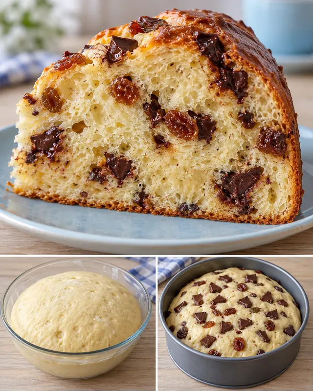 Zoete gistcake — rozijnen, vanille, pure chocolade