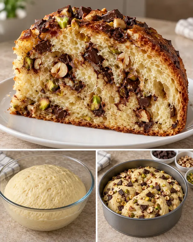 Zoete gistcake — pure chocolade, hazelnoten, pistachenoten