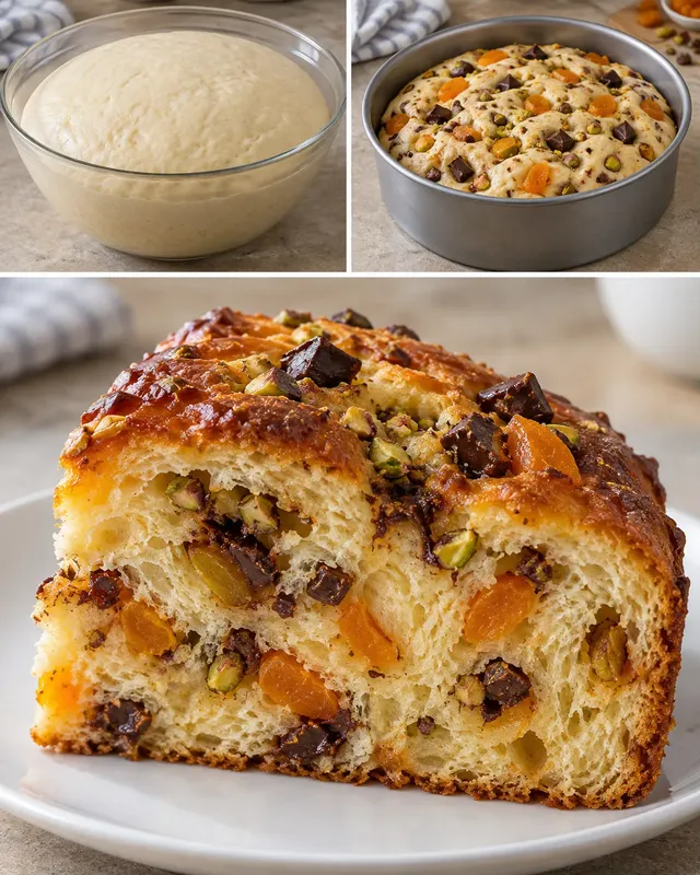 Zoete gistcake — gedroogde abrikozen, pistachenoten, pure chocolade