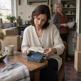 Anne opent haar oude blauwe broodtrommel aan de keukentafel terwijl Riet tussen de verhuisdozen staat.