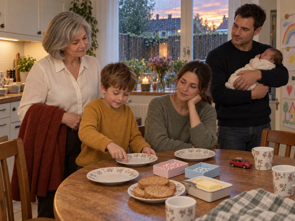 Mees telt vier bordjes aan de keukentafel terwijl zijn familie in het zachte avondlicht toekijkt.