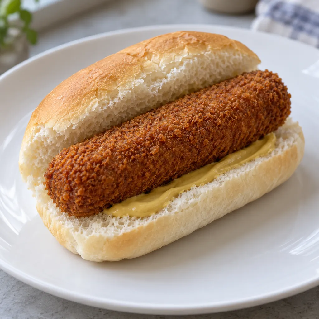 Een goudbruine kroket op een zacht wit bolletje met gladde mosterd.