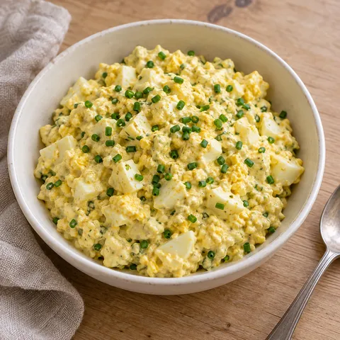 Romige eiersalade met stukjes ei, bieslook en milde kerrie in een witte kom