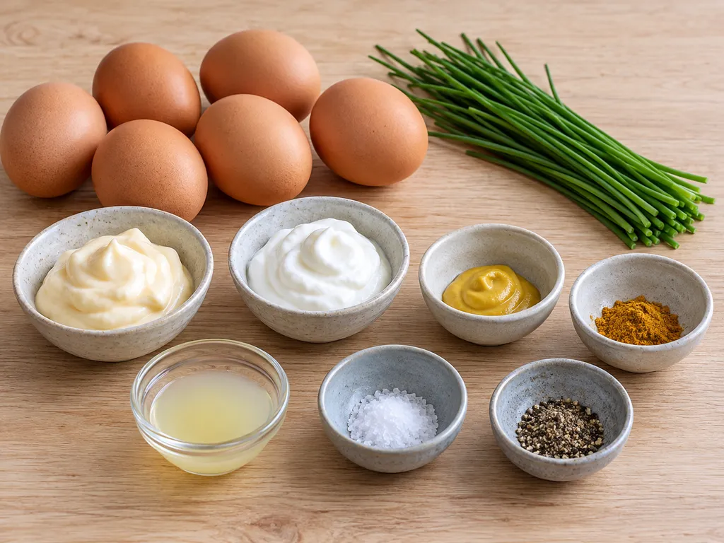Zes eieren met mayonaise, yoghurt, mosterd, kerrie, citroensap en bieslook