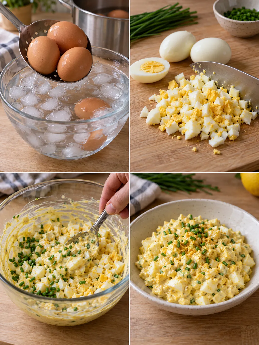 Eieren koelen, hakken en mengen tot eiersalade met bieslook en kerrie
