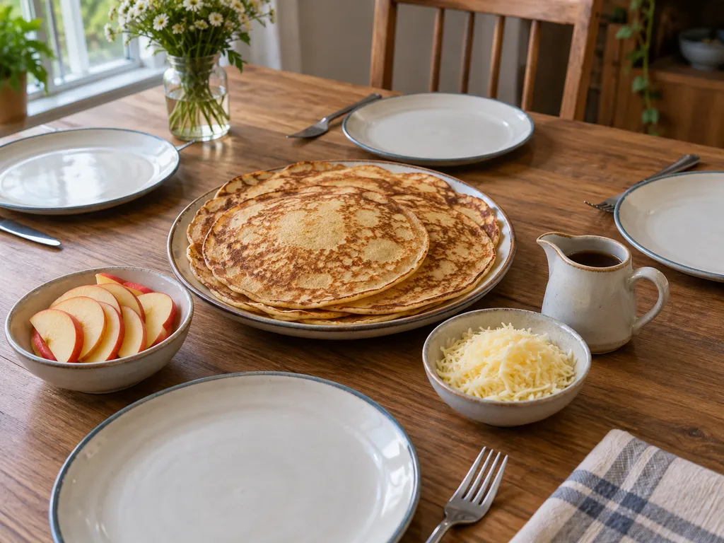 Pannenkoeken met afzonderlijke schaaltjes appel en kaas en een kannetje stroop.