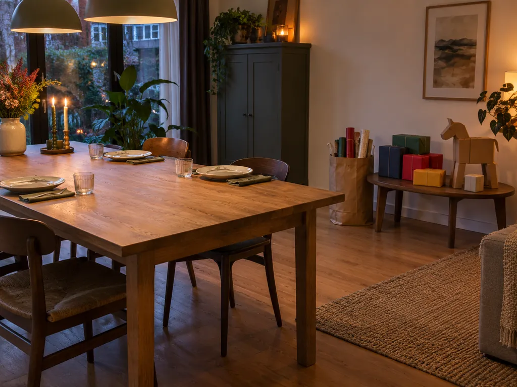 Een gedekte eettafel met vrije ruimte en een aparte bijzettafel voor cadeaus en een surprise.