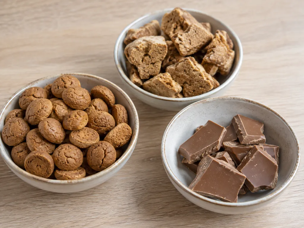Schaaltjes met ronde kruidnoten, grotere onregelmatige pepernoten en stukken chocolade.