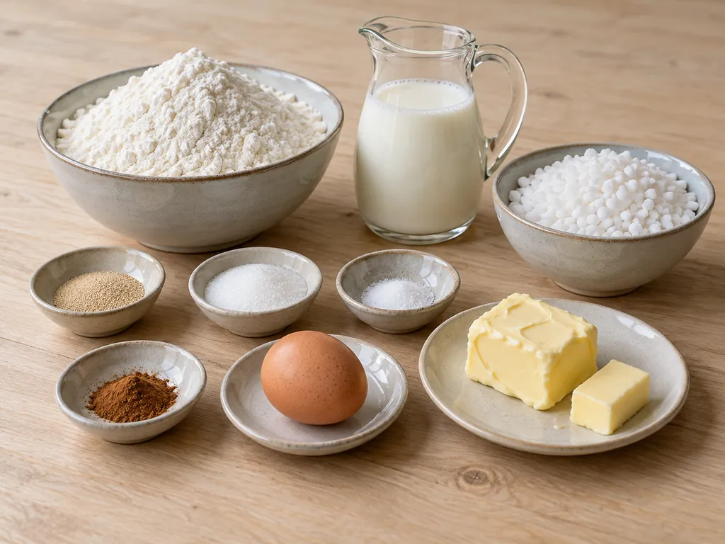 Bloem, gist, melk, ei, boter, suiker, zout en kaneel voor Fries suikerbrood