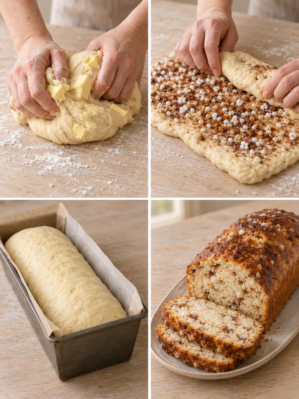 Suikerbrood maken met boter kneden, kaneelsuiker vouwen, narijzen en het gebakken brood