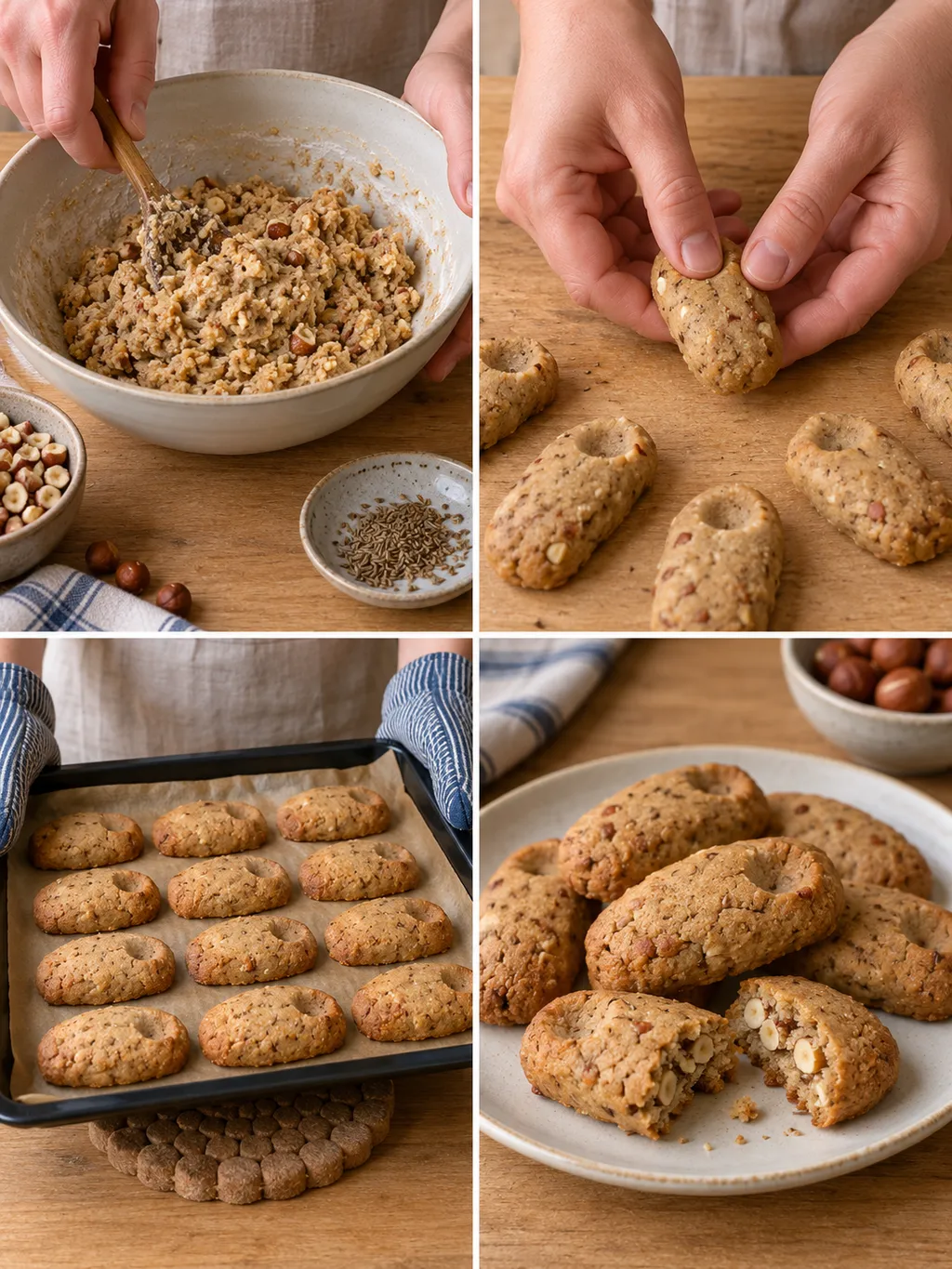 Deeg mengen, dúmkes vormen, koekjes uit de oven halen en de gebakken dúmkes op een bord