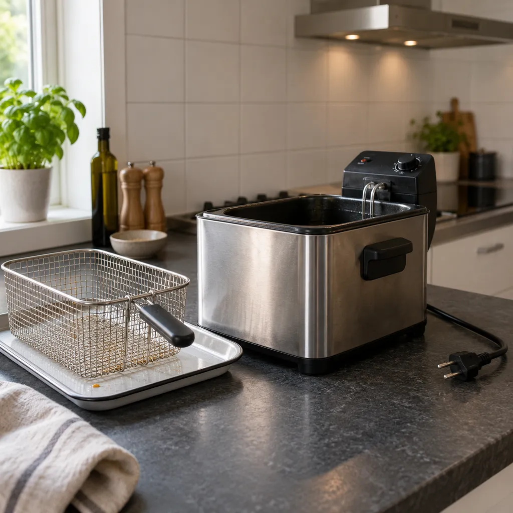 Afgekoelde frituurpan met uitgenomen mandje op een droog keukenwerkblad.