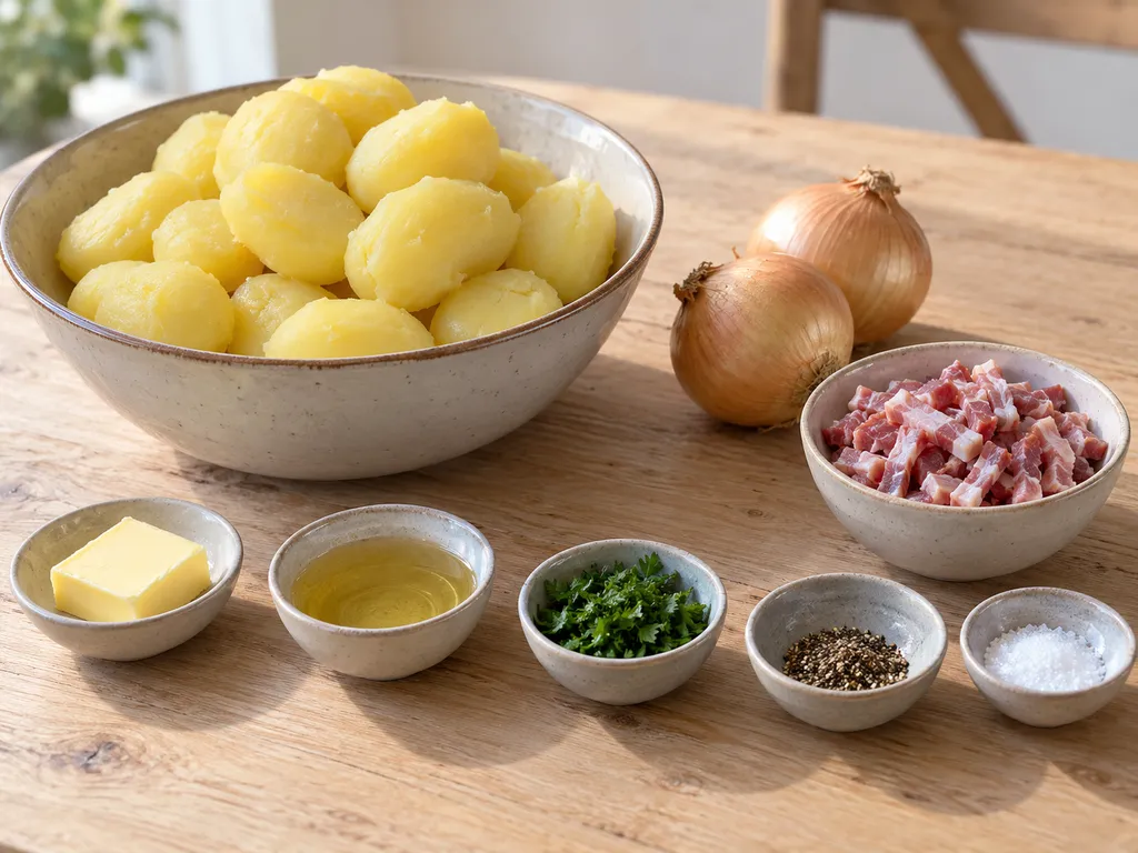 Gekookte aardappelen, ui, spekblokjes, boter, olie, peterselie, peper en zout