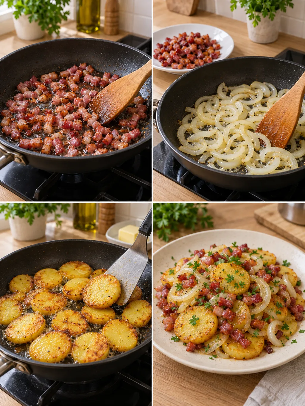 Spekjes en ui bakken, aardappelplakjes keren en het gerecht met peterselie serveren