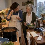 Noor proeft jus naast oma Riet in haar kleine keuken, met een zwarte pan gehaktballen op het fornuis.