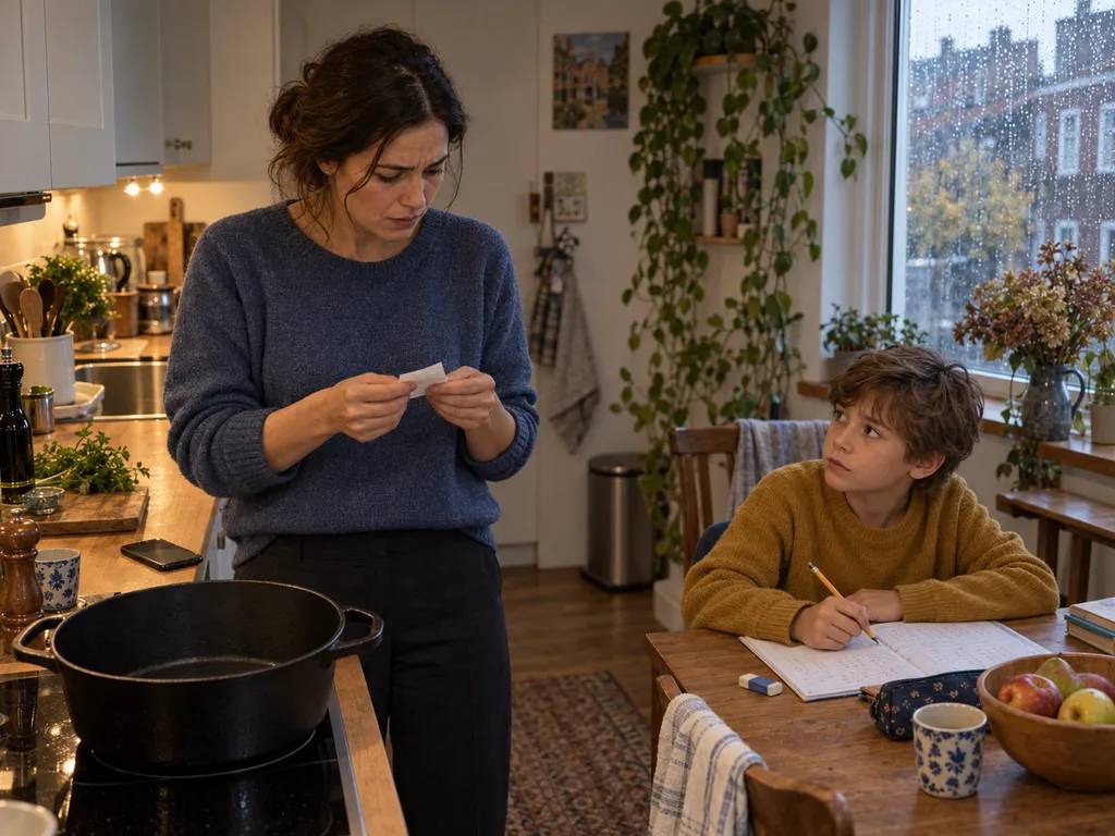 Noor vouwt oma’s boodschappenbriefje dicht terwijl Sam aan de keukentafel naar haar kijkt.
