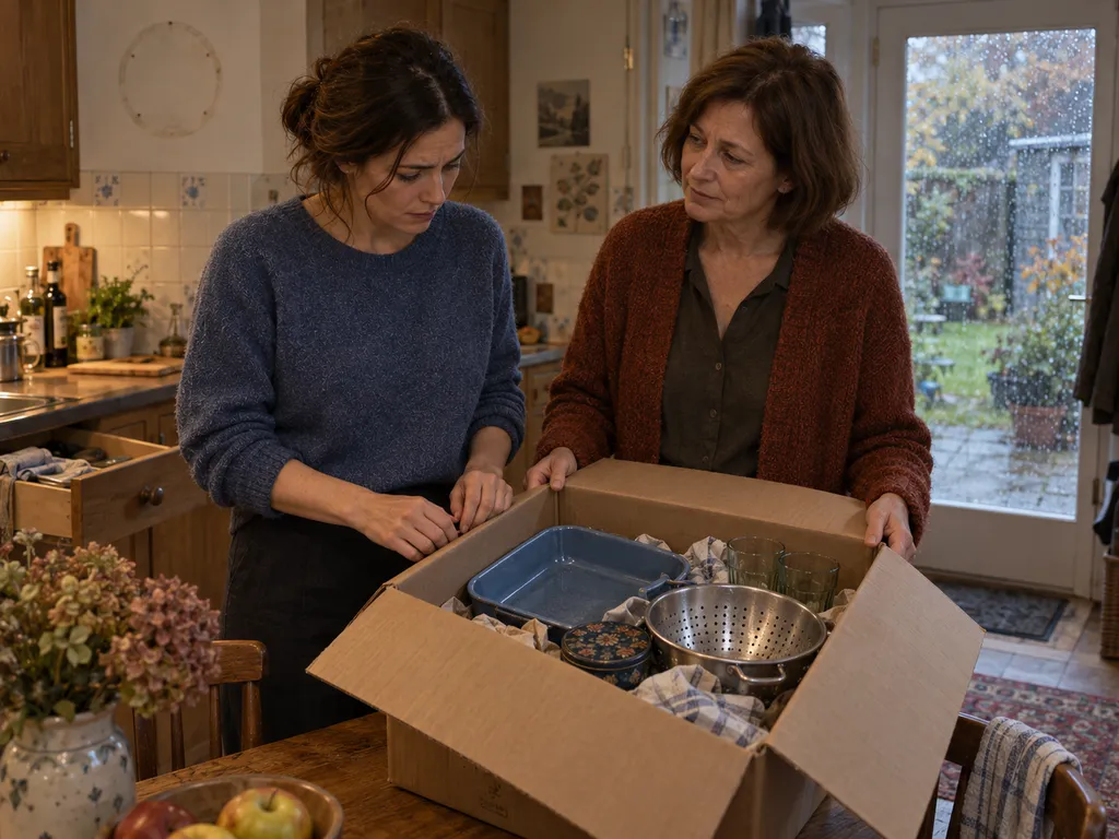 Ellen toont Noor de verhuisdoos met spullen die oma zelf voor haar nieuwe appartement heeft gekozen.