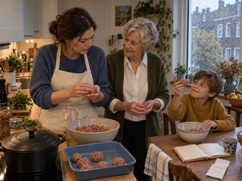 Noor, Riet en Sam vormen samen kleine gehaktballen; Sam laat trots zijn hoekige exemplaar zien.