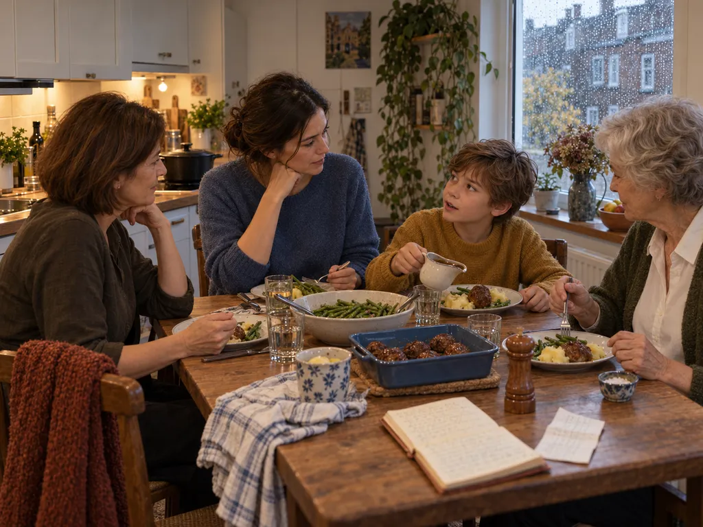 Sam schenkt jus bij zijn aardappelen terwijl Noor, Riet en Ellen aan de kleine keukentafel luisteren.