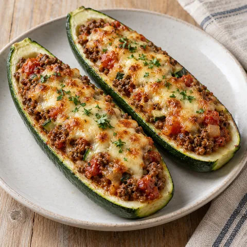 Gevulde courgette met gehakt, tomaat, goudbruine kaas en peterselie