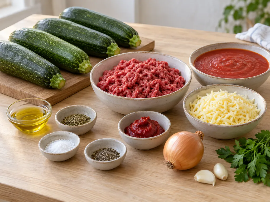 Courgettes, rundergehakt, tomaat, Goudse kaas en kruiden voor de vulling