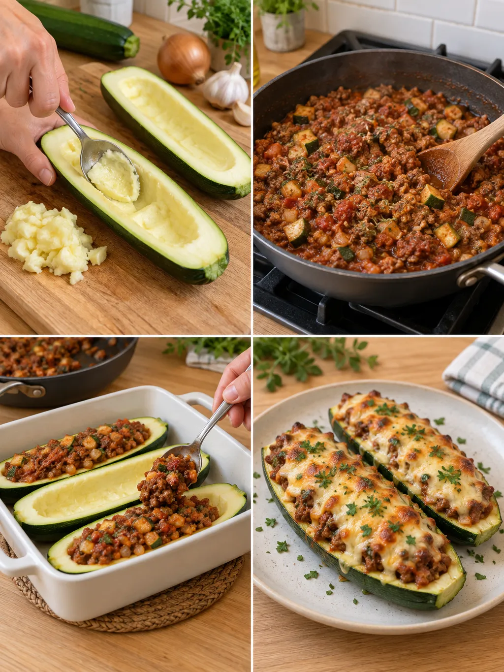 Courgette uithollen, gehaktvulling bereiden, vullen en met kaas afbakken