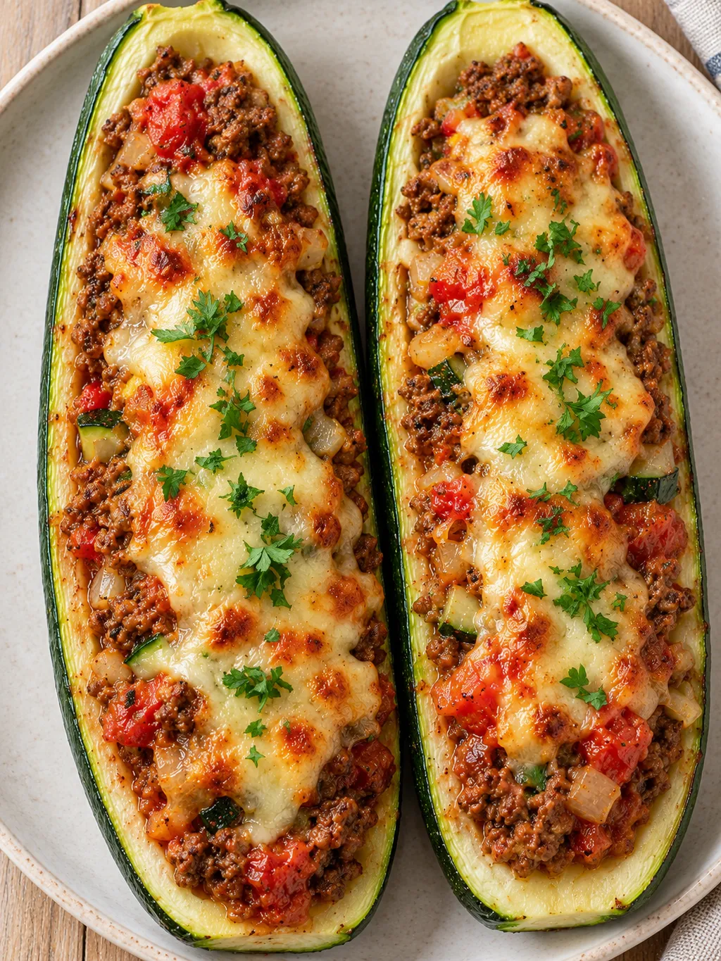 Twee courgettehelften met gehakt-tomatenvulling, gesmolten kaas en peterselie