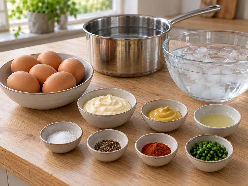Eieren, mayonaise, mosterd, citroensap, kruiden en bieslook voor gevulde eieren