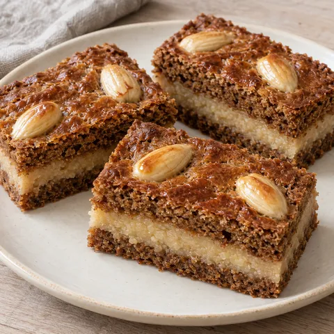 Gevulde speculaas met een lichtbeige laag amandelspijs en hele amandelen