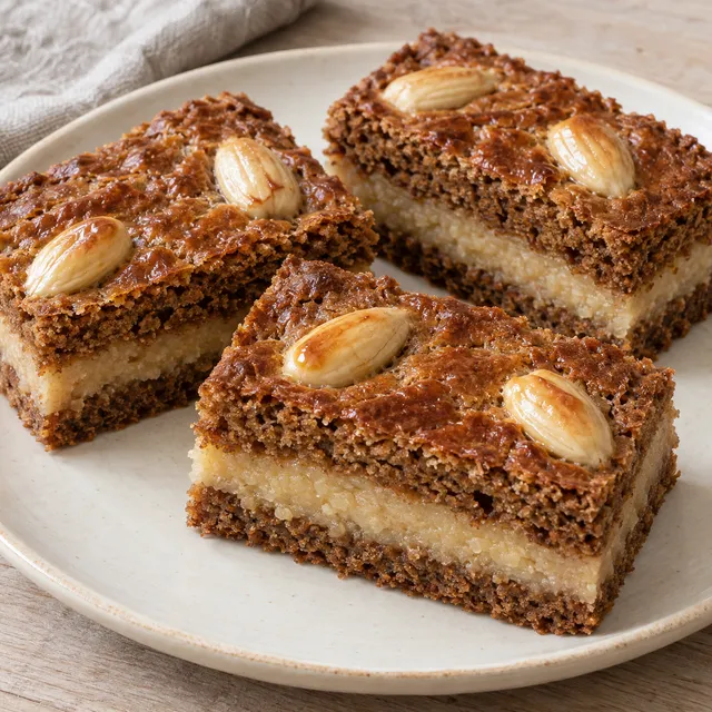 Gevulde speculaas met een lichtbeige laag amandelspijs en hele amandelen