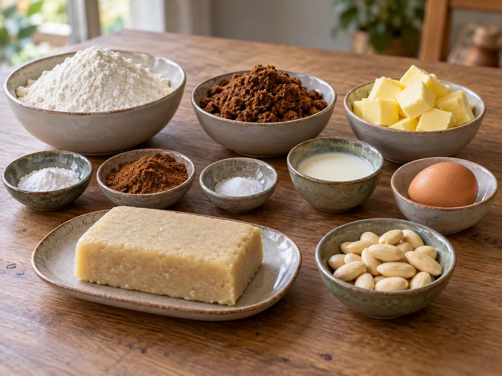 Bloem, speculaaskruiden, boter, basterdsuiker, melk, ei, amandelspijs en amandelen
