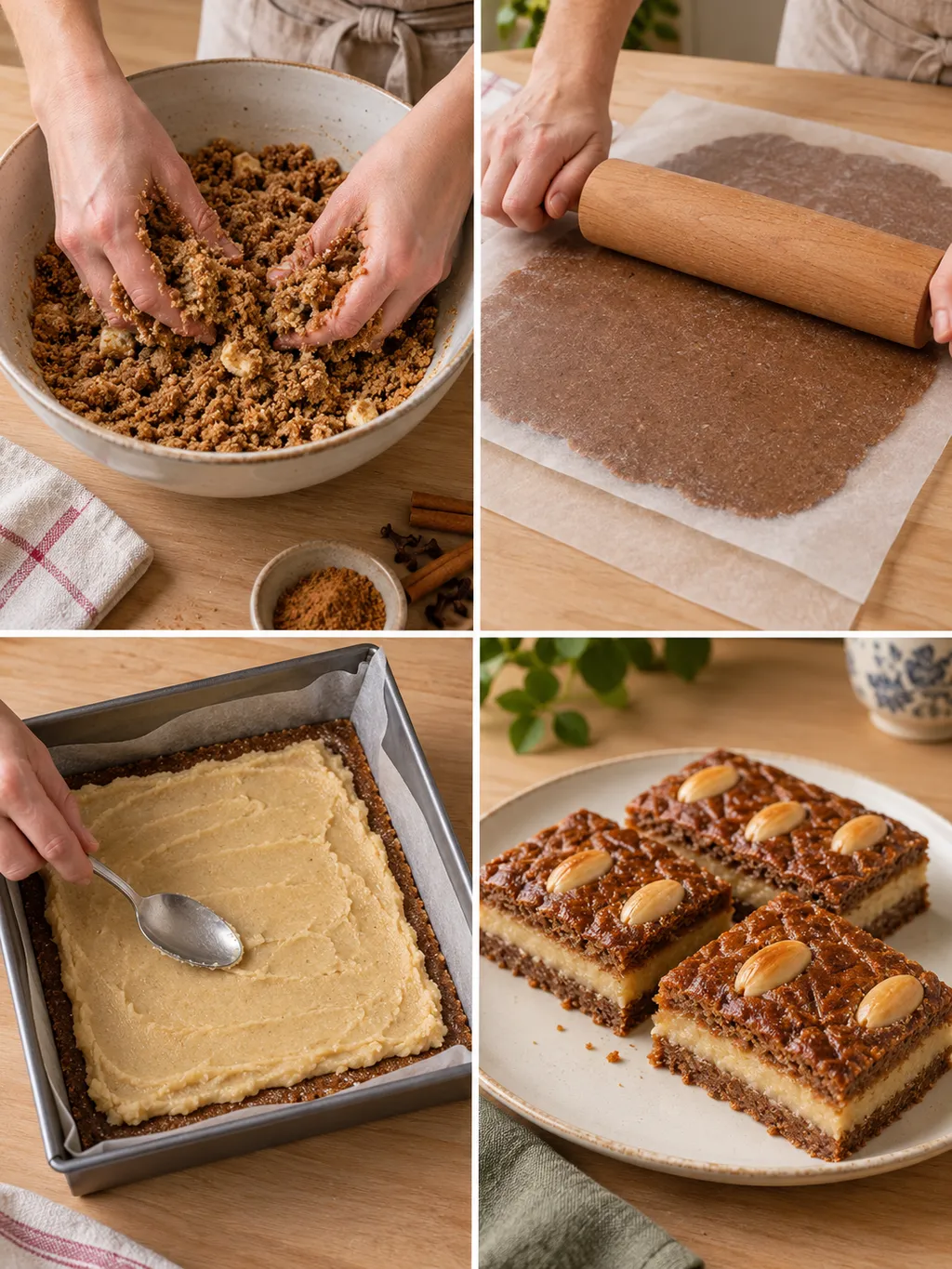 Deeg maken, uitrollen, vullen en gebakken gevulde speculaas met amandelspijs