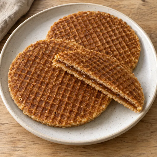 Goudse stroopwafels met een fijn ruitpatroon en donkerbruine kaneelstroop