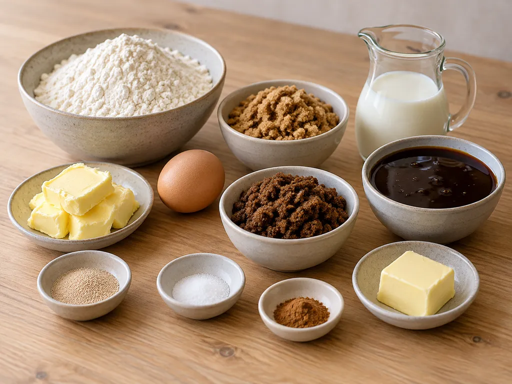 Bloem, gist, boter, ei, melk, suiker, keukenstroop en kaneel voor stroopwafels
